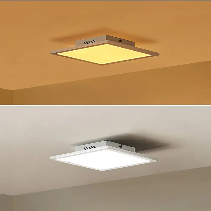 Lindby LED-Panel Lamin - weiß / opal - Weißes, quadratisches LED-Deckenlicht, montiert an einer Decke, zeigt warmes und kühles weißes Licht.