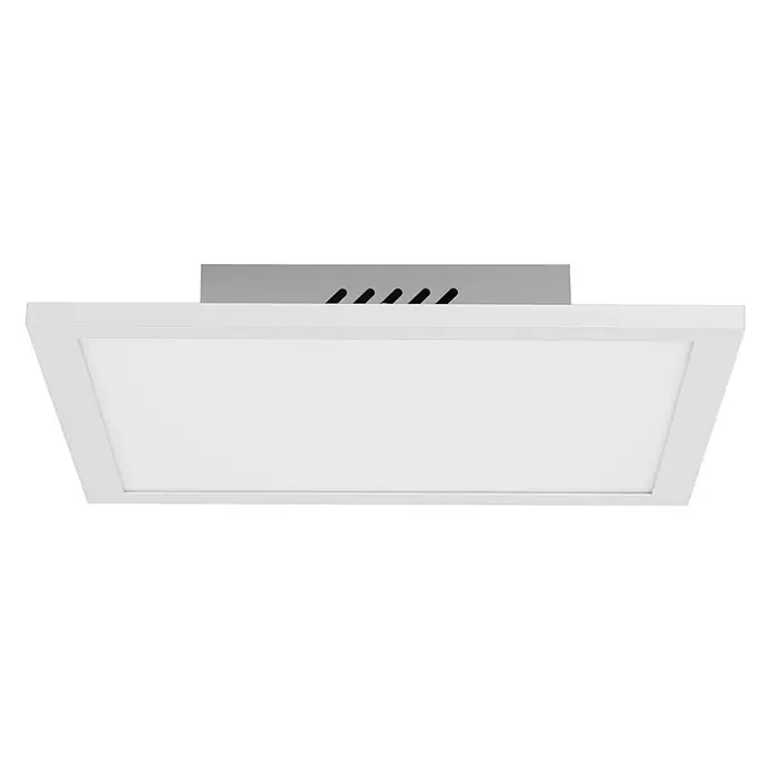 Lindby LED-Panel Lamin - weiß / opal - Weißes, rechteckiges, aufgesetztes LED-Panel mit sichtbarem silbernem Metallgehäuse und schwarzen Lüftungsschlitzen oben.
