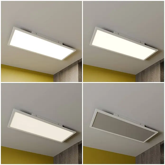 Lindby LED-Panel Luay - weiß / opal, weiß / opal - Rechteckige LED-Deckenleuchte mit weißem Rahmen, an der Decke montiert, zeigt kalt-, neutral- und warmweißes Licht sowie ausgeschaltet.