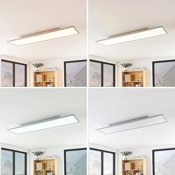 Lindby LED-Panel Stenley - weiß / opal - Rechteckige LED-Deckenleuchte mit silbernem Rahmen, in einem Raum mit einstellbaren warm-, neutral- und kaltweißen Lichteinstellungen gezeigt.
