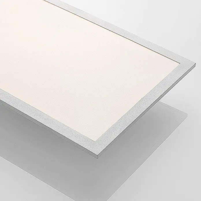 Lindby LED-Panel Stenley - weiß / opal - Rechteckiges LED-Lichtpaneel mit mattweißer Streufläche und texturiertem silbergrauem Rahmen.