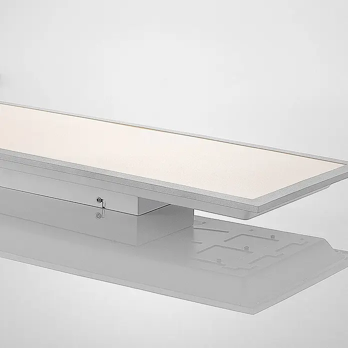 Lindby LED-Panel Stenley - weiß / opal - Schlankes rechteckiges LED-Panel mit beigefarbenem Diffusor, silbergrauem Rahmen und grauer Montagehalterung.