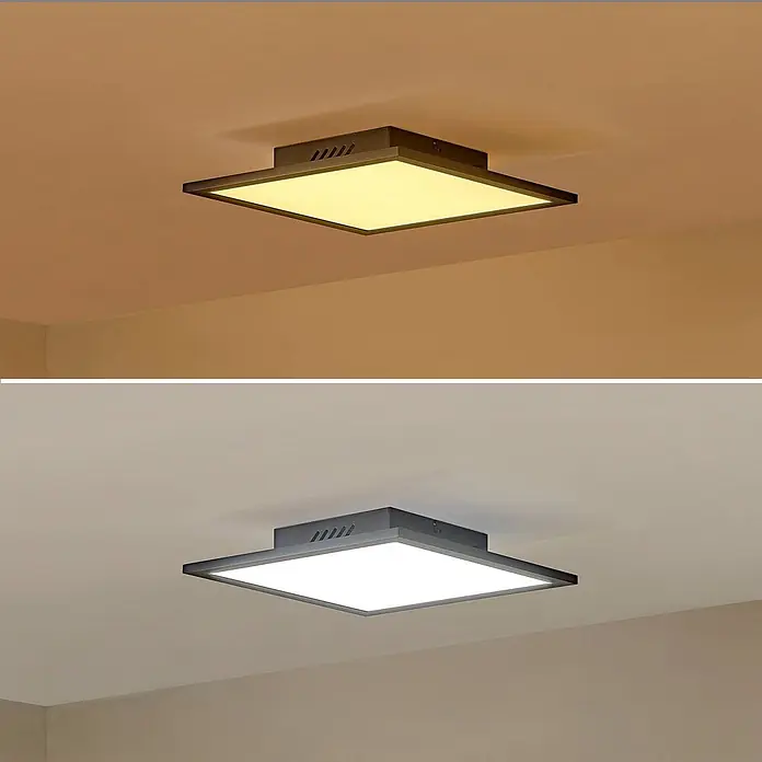 Lindby LED-Panel Lamin - schwarz - Quadratische Deckenleuchte mit dunkelgrauem Rahmen, spendet warmes und kaltweißes Licht.