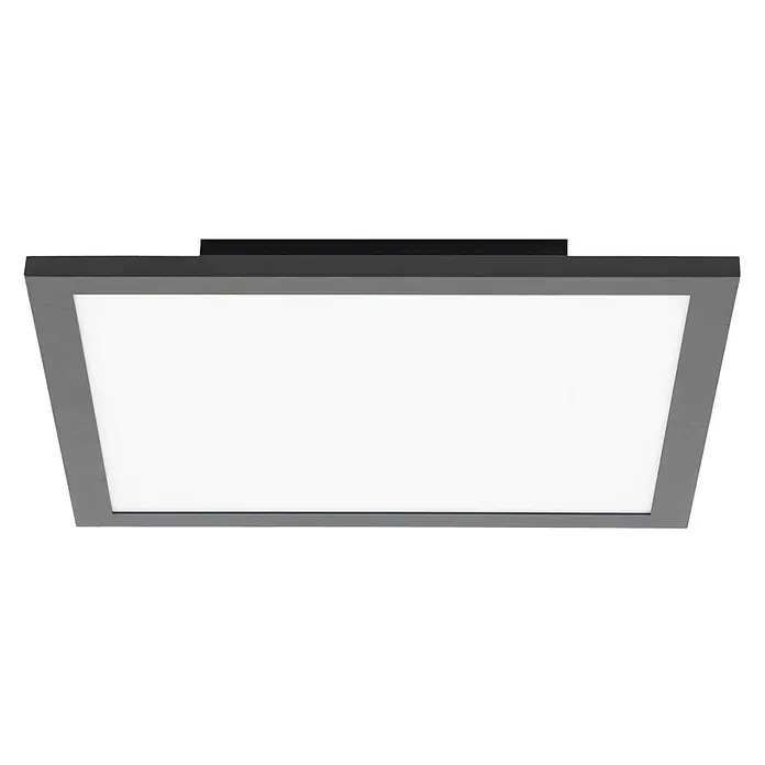 Lindby LED-Panel Lamin - schwarz - Rechteckige Deckenleuchte mit schwarzem Sockel und grauem Rahmen, mit großer weißer Leuchtfläche.