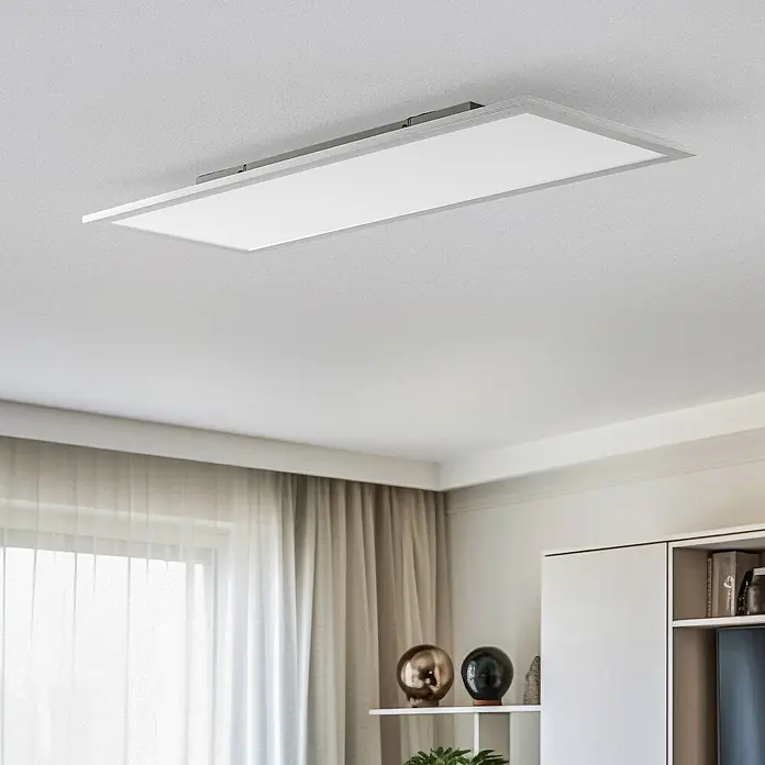 Lindby LED-Panel Livel - alu / grau / zink - Rechteckige LED-Deckenleuchte mit weißem Diffusor und silbergrauem Rahmen, flach montiert.