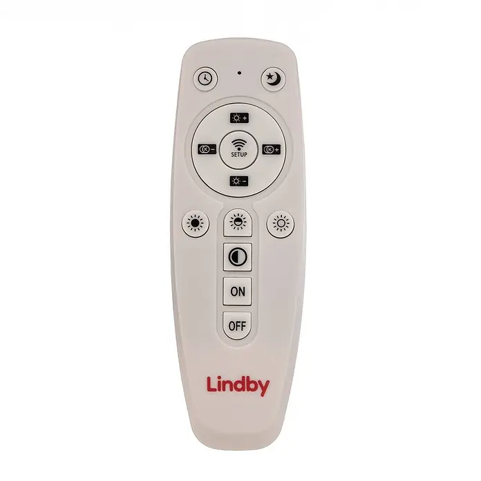 Lindby LED-Panel Livel - alu / grau / zink - Weiße Fernbedienung für Leuchten, mit Tasten für Ein/Aus, Dimmen, Farbtemperatur, Presets, Timer, Nachtmodus und Lindby-Logo.