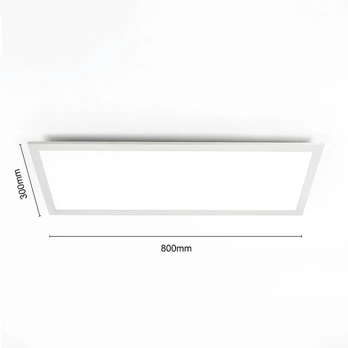 Lindby LED-Panel Livel - alu / grau / zink - Weißes rechteckiges LED-Panel, 800 mm lang und 300 mm breit, mit Maßangaben.