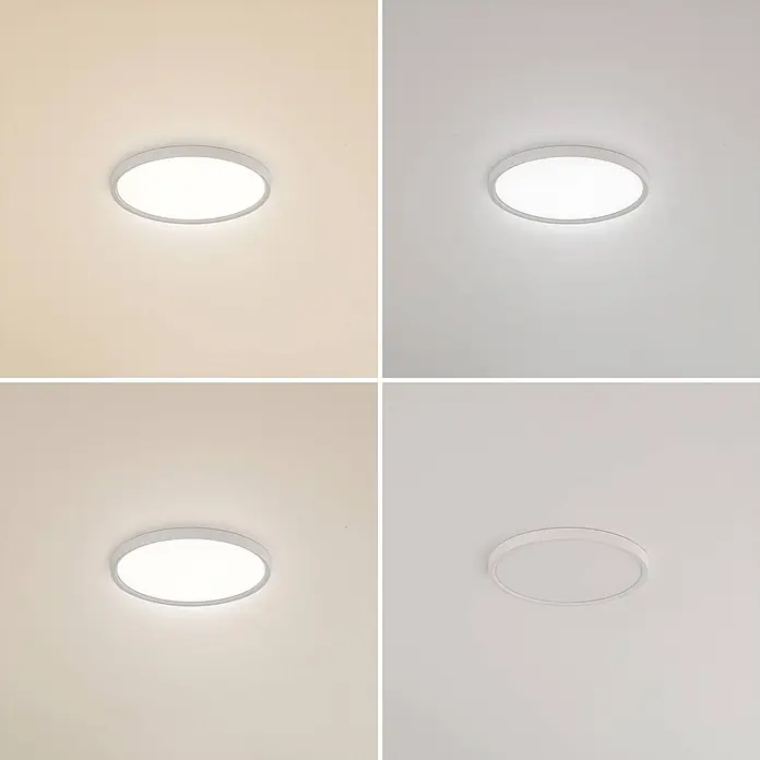 Lindby Deckenleuchte Pravin - weiß / opal, weiß / opal - Runde weiße LED-Deckenleuchte zeigt warmes, kühles und neutralweißes Licht sowie den Aus-Modus.