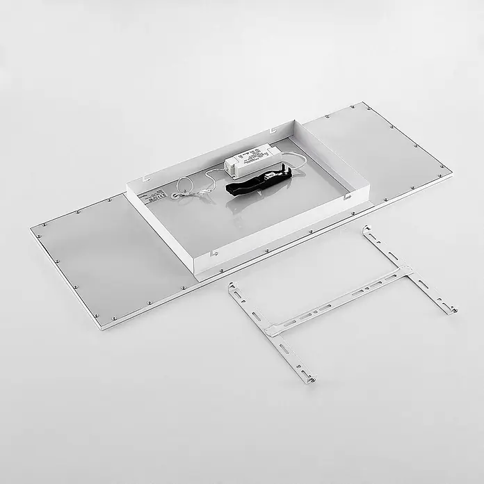 Lindby LED-Panel Quais - weiß / opal, weiß / opal, Neutralweiß - Zerlegte weiße LED-Panel-Leuchte mit internem Treiber, Verkabelung und abnehmbarer Halterung.