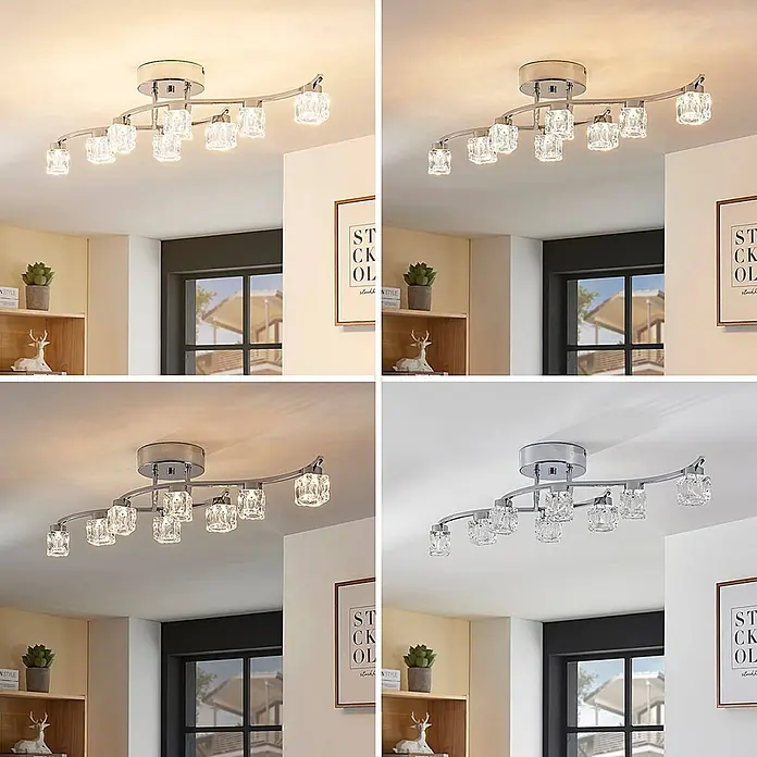 Lindby LED Deckenlampe in transparent, chrom, Deckenleuchte -  - Verchromte Deckenleuchte mit acht Kristallschirmen an einer geschwungenen Stange, an der Decke montiert.