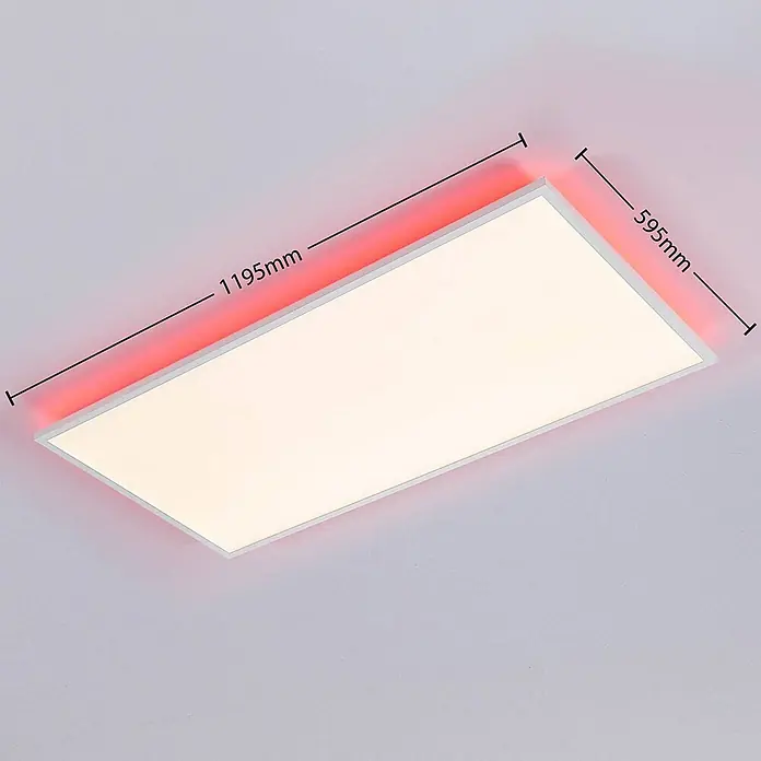 Arcchio LED-Panel Brenda - weiß / opal, weiß / opal - Weißes rechteckiges LED-Deckenpaneel, 1195x595mm, mit roter Akzentbeleuchtung.