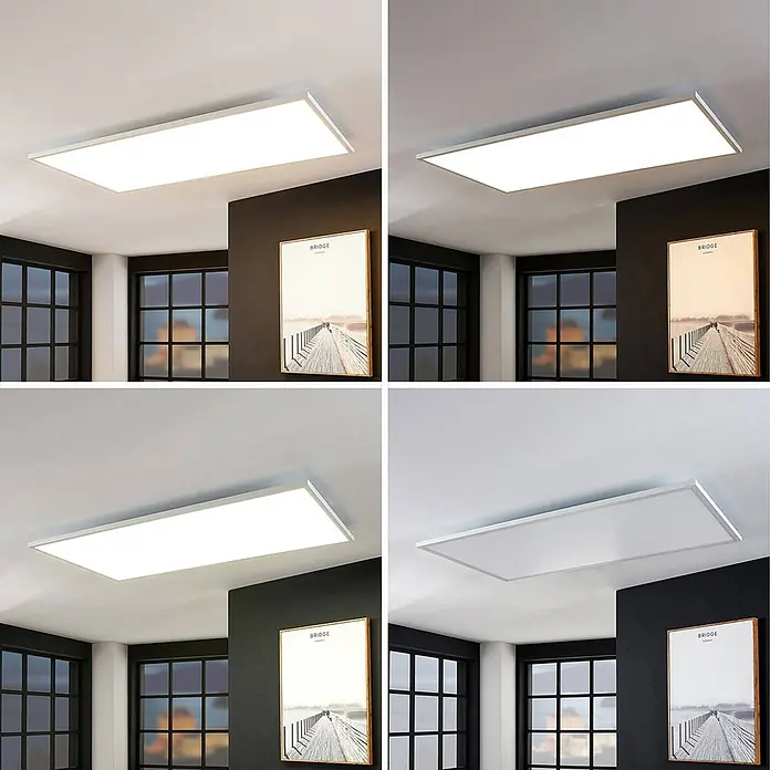 Arcchio LED-Panel Brenda - weiß / opal, weiß / opal - Rechteckige LED-Deckenleuchte in einem modernen Raum, die verschiedene Lichtfarben (kühl, warm) und den Aus-Zustand zeigt.