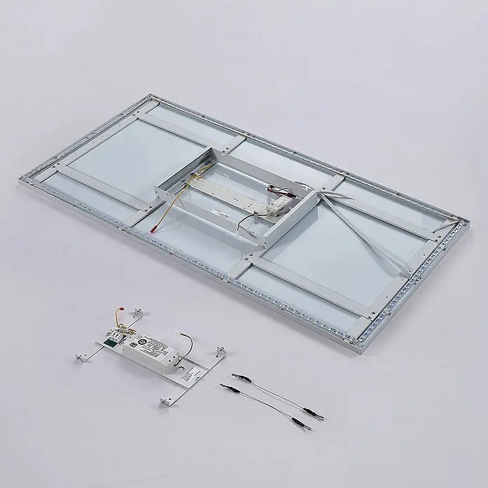 Arcchio LED-Panel Brenda - weiß / opal, weiß / opal - Rückseite einer rechteckigen LED-Flächenleuchte mit Aluminiumrahmen, LED-Streifen und separatem Netzteil.