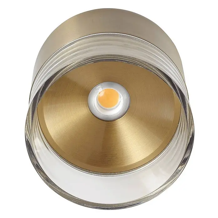 Lindby LED Deckenlampe in gold, transparent, Deckenleuchte rund -  - Zylindrischer LED-Strahler mit gebürstetem Messingreflektor und geripptem Glasgehäuse.