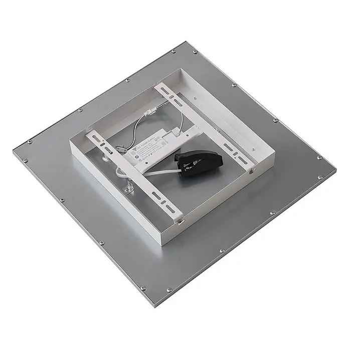 Lindby LED Deckenleuchte flach in silber, Panel -  - Rückseite einer quadratischen LED-Panel-Leuchte mit weißem Metall-Montagerahmen, LED-Netzteil und grauer Metallrückplatte.