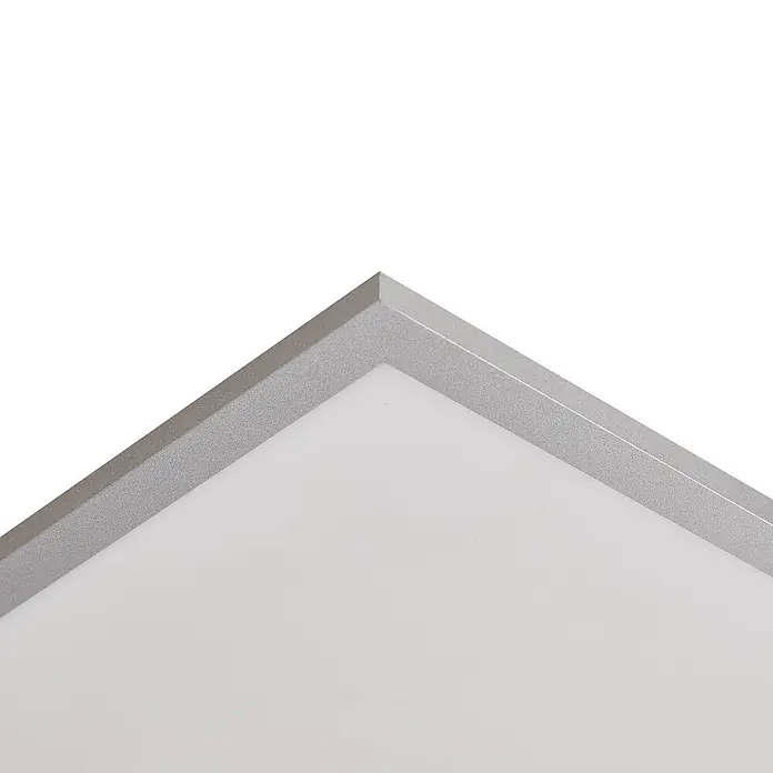 Lindby LED Deckenleuchte flach in silber, Panel -  - Ecke einer flachen LED-Panel-Leuchte mit matt silber-grauem Rahmen und weißem Diffusor.