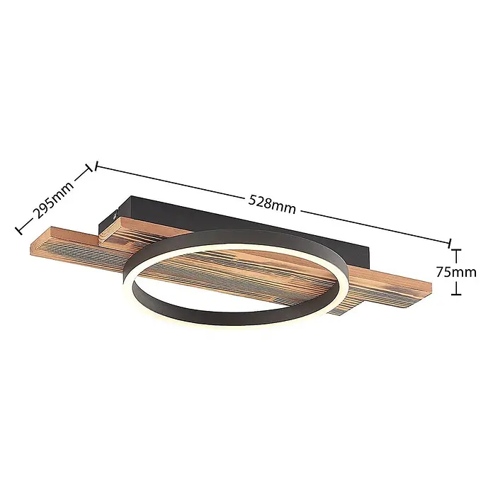 Lindby LED Deckenlampe in holz, dimmbar Deckenleuchte rund -  - Moderne Deckenleuchte mit schwarzem Rahmen, runder LED und natürlichen Holzakzenten.