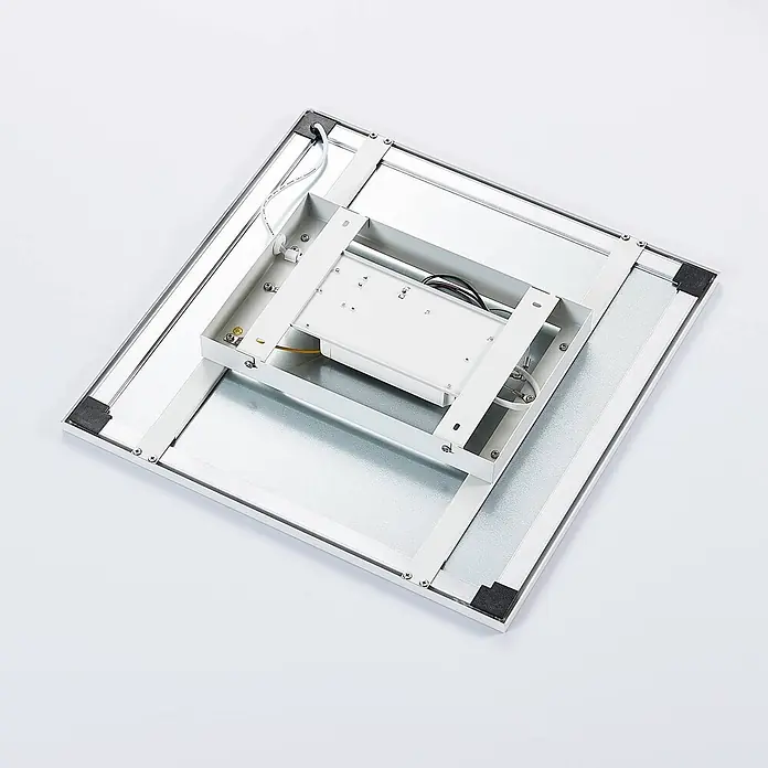 Arcchio LED-Panel Tinus - weiß / opal, weiß / opal - Rückseite einer quadratischen weißen LED-Panel-Leuchte mit Metallrahmen, Netzteil und Montagehalterungen.