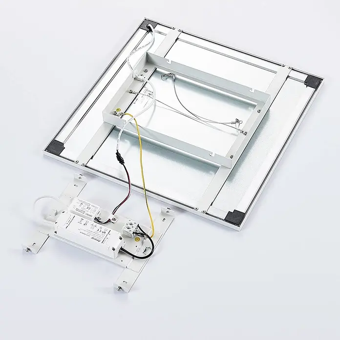 Arcchio LED-Panel Tinus - weiß / opal, weiß / opal - Rückansicht einer quadratischen LED-Panel-Leuchte mit Aluminiumrahmen und separatem, verkabeltem weißem Treiber.