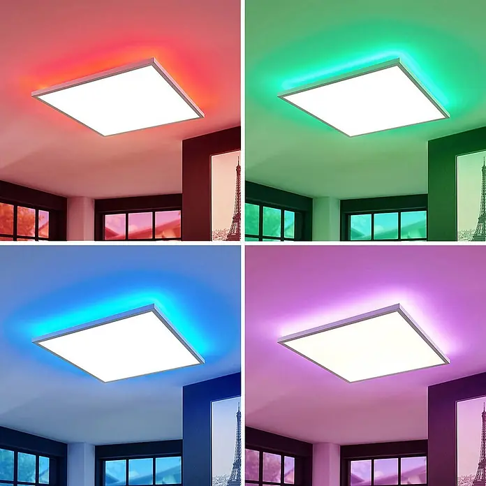 Arcchio LED-Panel Brenda - weiß / opal, weiß / opal - Quadratisches LED-Deckenpaneel mit weißem Hauptlicht und farbwechselnder RGB-Hintergrundbeleuchtung, im Raum montiert.