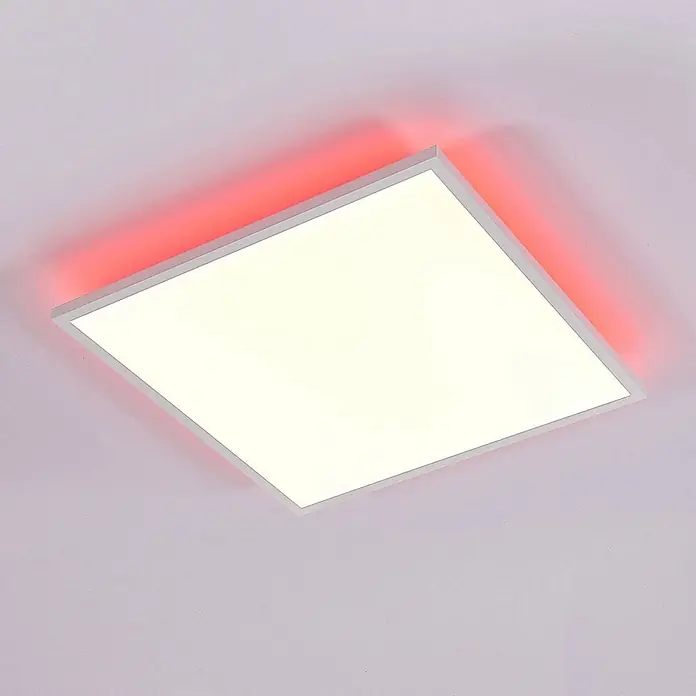 Arcchio LED-Panel Brenda - weiß / opal, weiß / opal - Weiße quadratische LED-Deckenleuchte mit rotem Umgebungs-Hintergrundlicht an der Decke.