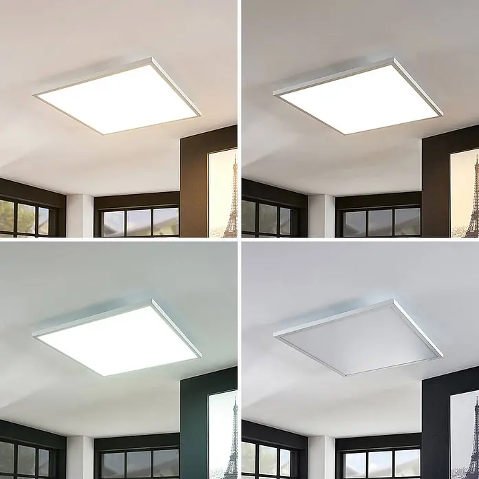 Arcchio LED-Panel Brenda - weiß / opal, weiß / opal - Quadratische LED-Deckenleuchte mit weißem/silbernem Rahmen, gezeigt mit vier verschiedenen Lichttemperaturen von warmweiß bis kaltweiß.