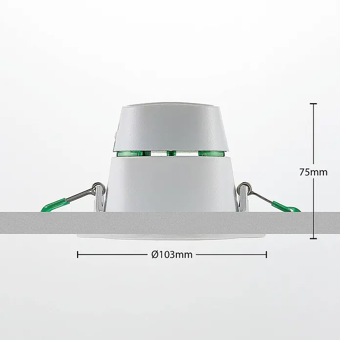 Arcchio LED Einbaustrahler in weiß, Spots Deckenleuchte -  - Grauer Einbaustrahler, Ø103mm, 75mm hoch, mit grünen Montagefedern.