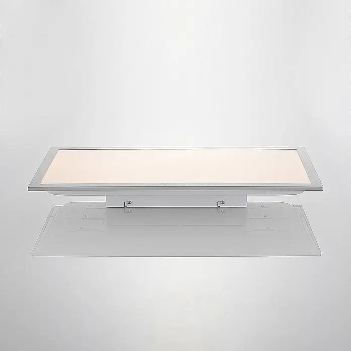 Lindby LED-Panel Stenley - weiß / opal, Neutralweiß - Rechteckige silberne LED-Paneelleuchte mit schlankem Profil und heller Leuchtfläche, zeigt Montagezubehör.