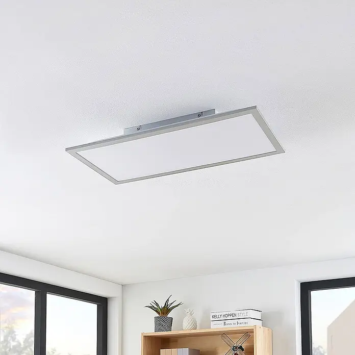 Lindby LED-Panel Stenley - weiß / opal, Neutralweiß - Rechteckige LED-Deckenleuchte mit silberfarbenem Rahmen.