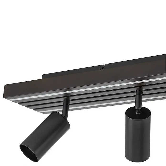 Lucande LED Deckenlampe in holz, schwarz, dimmbar Deckenstrahler -  - Dunkelbraune Stromschiene mit zwei schwarzen, zylindrischen LED-Spots.