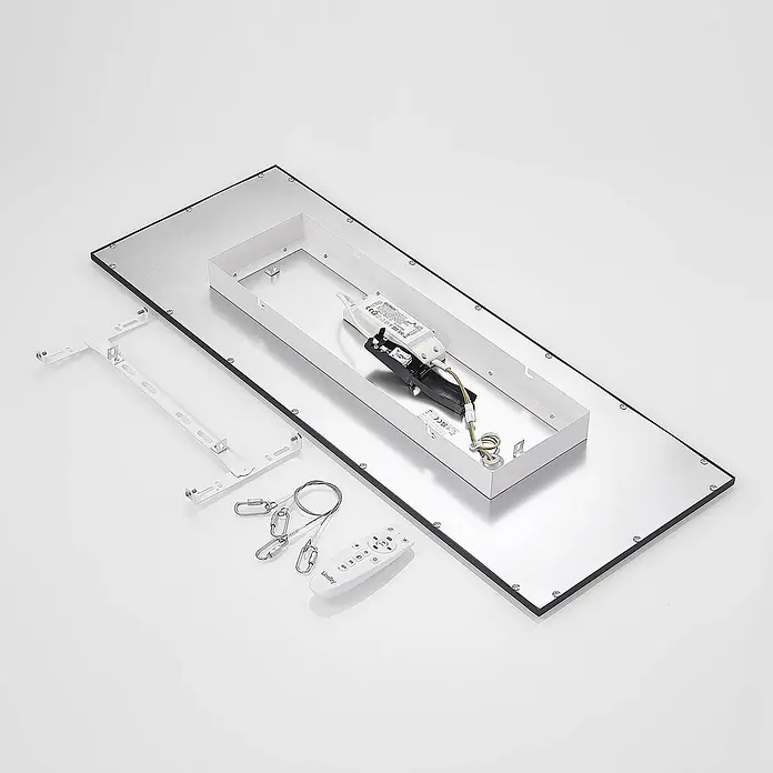 Lindby LED Deckenleuchte flach in schwarz, weiß, Panel -  - Komponenten einer rechteckigen LED-Deckenleuchte: silbernes Panel, weiße Montagehalterungen, Treiber, Aufhängezubehör und Fernbedienung.