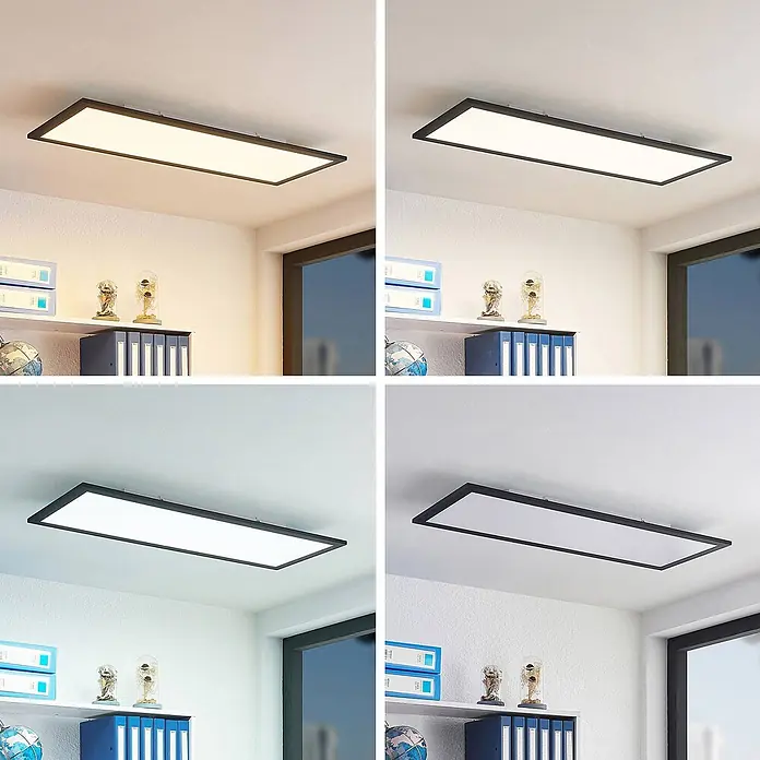 Lindby LED Deckenleuchte flach in schwarz, weiß, Panel -  - Rechteckige LED-Deckenleuchte mit dunklem Rahmen, beleuchtet einen Raum in verschiedenen Farbtemperaturen.