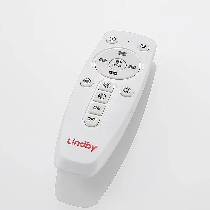 Lindby LED Deckenleuchte flach in schwarz, weiß, Panel -  - Weiße Lindby Fernbedienung mit Lichtsteuerungs- und Setup-Tasten.
