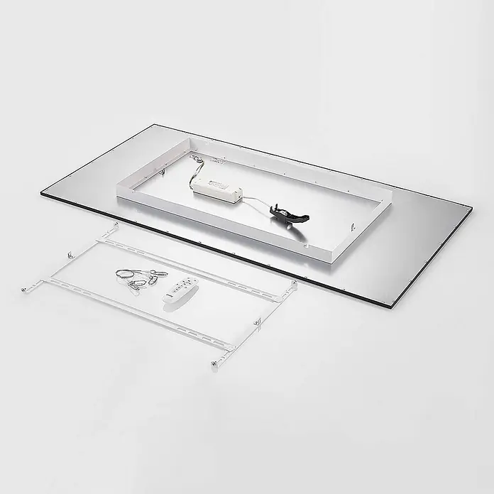Lindby LED-Panel Nelios - schwarz, schwarz, Neutralweiß - Zerlegte rechteckige LED-Panel-Leuchte: silberne Rückplatte, weißer Rahmen, Netzteil, Fernbedienung und Aufhängebügel.