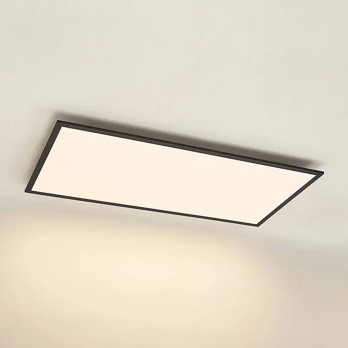 Lindby LED-Panel Nelios - schwarz, schwarz, Neutralweiß - Rechteckige LED-Deckenleuchte mit schwarzem Rahmen und hellem weißen Leuchtfeld.