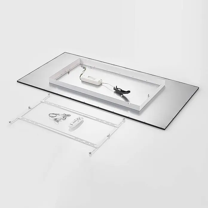 Lindby LED-Panel Nelios - schwarz, schwarz, Neutralweiß - Zerlegte rechteckige LED-Panel-Leuchte mit Rückseite, internem Treiber, weißem Montagerahmen, Fernbedienung und Abhängeseilen.