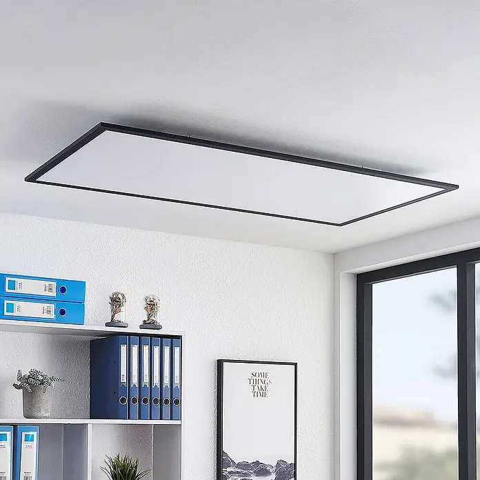 Lindby LED-Panel Nelios - schwarz, schwarz, Neutralweiß - Rechteckige LED-Deckenleuchte mit schwarzem Rahmen und weißer Diffusorplatte, in einem Büroumfeld installiert.