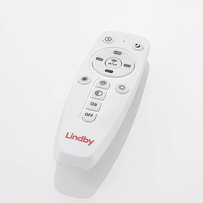 Lindby LED-Panel Nelios - schwarz, schwarz, Neutralweiß - Weiße Lindby Fernbedienung mit verschiedenen Tasten zur Lichtsteuerung, Ein/Aus, Setup, Dimmen und Farbtemperatureinstellung.