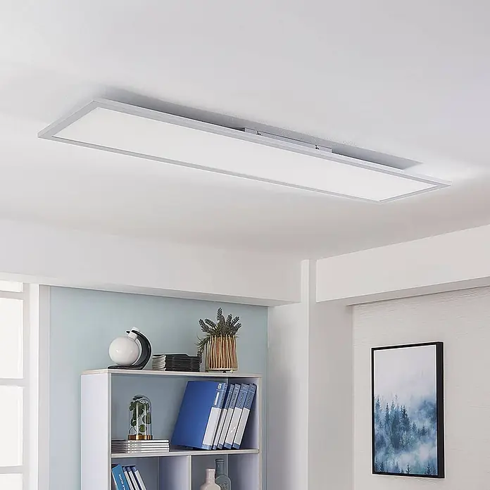 Arcchio LED-Panel Lysander - alu / grau / zink - Rechteckige LED-Deckenleuchte mit silbernem Rahmen, die einen modernen Raum beleuchtet.