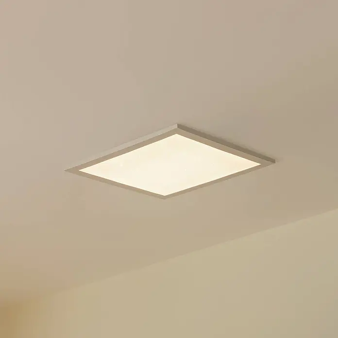 Lindby LED-Panel Kenma - weiß / opal, weiß / opal - Quadratische LED-Deckenleuchte mit dezentem Sternenhimmel-Effekt, flächenbündig an heller Decke montiert.
