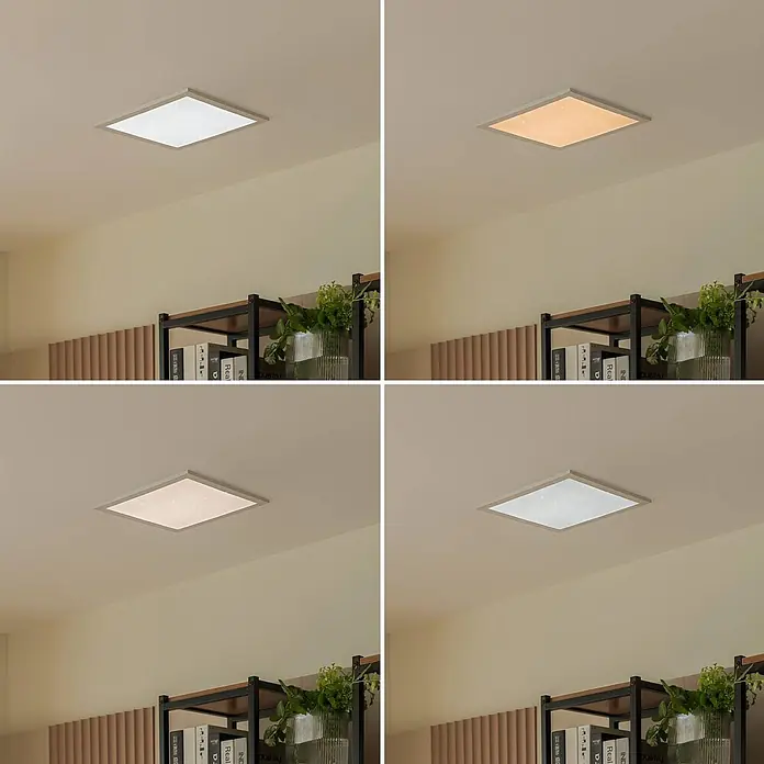 Lindby LED-Panel Kenma - weiß / opal, weiß / opal - Quadratische LED-Deckenleuchte mit grauem Rahmen, zeigt kaltweißes, warmweißes, neutralweißes und Sternenlichteffekt.
