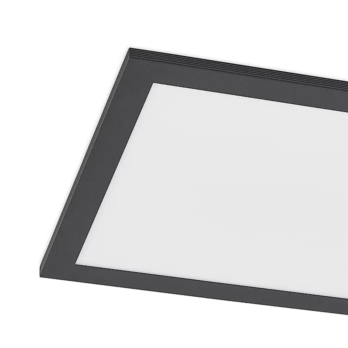 Lindby LED-Panel Nelios - schwarz, Neutralweiß - Rechteckige, dunkelgrau gerahmte LED-Panel-Leuchte mit weißer Lichtfläche.