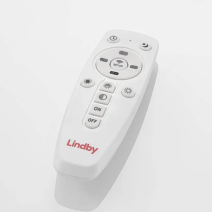 Lindby LED-Panel Nelios - schwarz, Neutralweiß - Weiße Lindby Fernbedienung für Leuchten mit AN/AUS, SETUP und verschiedenen Lichtfunktionsknöpfen.