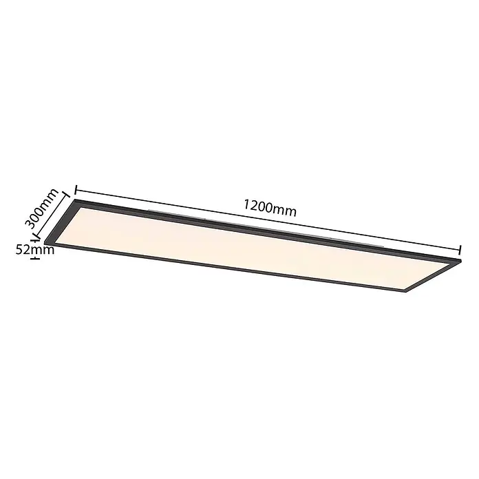Lindby LED-Panel Nelios - schwarz, Neutralweiß - Modernes rechteckiges LED-Panel, 1200x300x52mm, mit schlankem schwarzem Rahmen und heller weißer Beleuchtung.