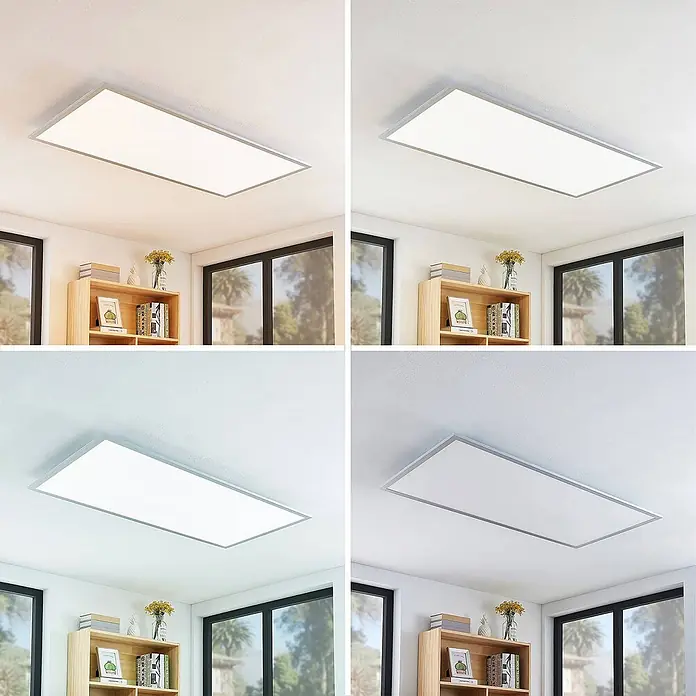 Lindby LED-Panel Zento - alu / grau / zink - Rechteckige LED-Deckenleuchte mit silbernem Rahmen, die einstellbares weißes Licht demonstriert.