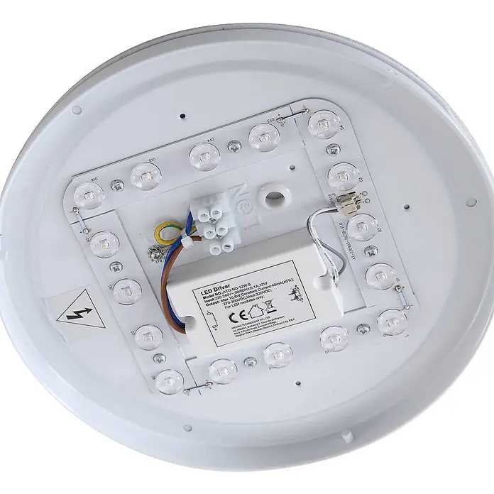 Lindby LED Outdoor Deckenlampe in weiß, mit Bewegungsmelder, Deckenleuchte -  - Interne Komponenten einer weißen LED-Leuchte, bestehend aus LED-Treiber, Klemmenblock und einer Reihe von LEDs.