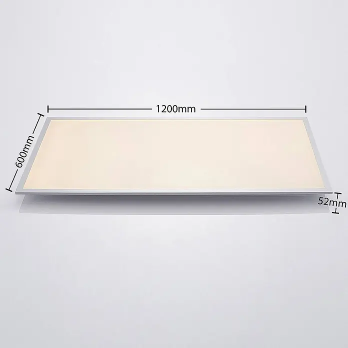 Lindby LED-Panel Zento - alu / grau / zink - Rechteckige LED-Panel-Leuchte, 1200x600x52mm, mit silbernem Rahmen und warm beleuchteter Oberfläche.