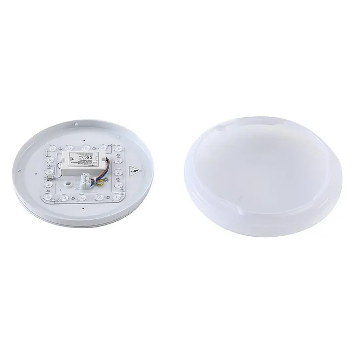 Lindby LED Outdoor Deckenlampe in weiß, mit Bewegungsmelder, Deckenleuchte -  - Demontierte weiße LED-Deckenleuchte, zeigt Basis mit LED-Platine, Treiber und transparenter Abdeckung.