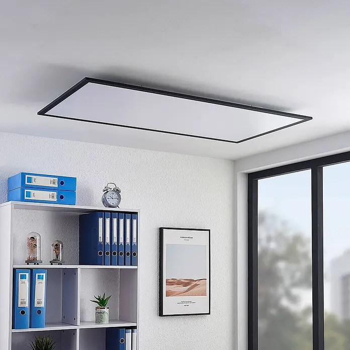 Lindby LED-Panel Nelios - schwarz, Neutralweiß - Rechteckige schwarze LED-Deckenleuchte, oberflächenmontiert in modernem Büro.