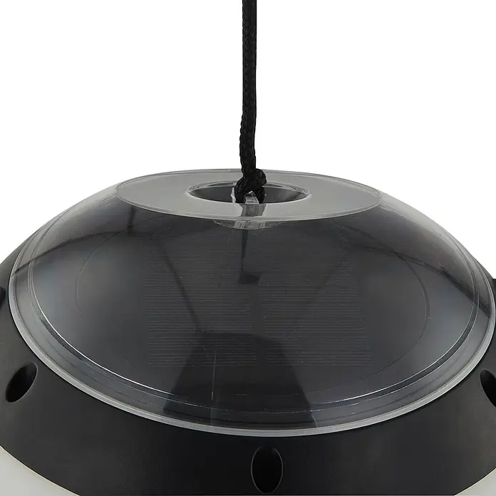 Lindby LED Hängelampe außen in weiß, schwarz, dimmbar Pendelleuchte -  - Nahaufnahme einer schwarzen und transparenten Solarlampe mit Kuppel, sichtbarem Solarpanel und schwarzer Hängeschnur.